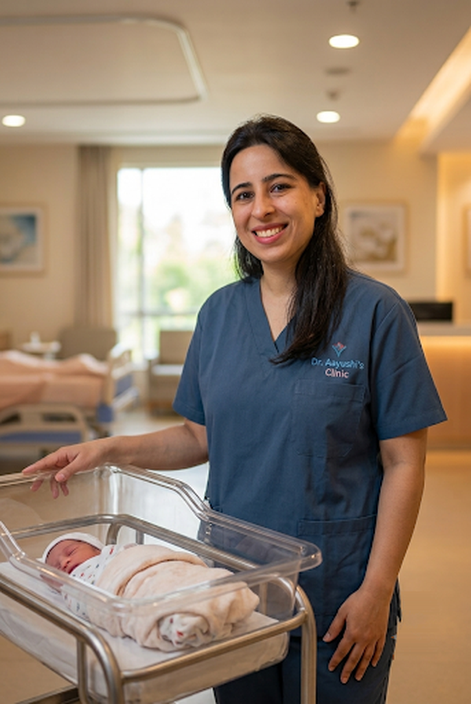 Dr. Aayushi Rathore with newborn baby at Dr. Aayushi Clinic Dwarka